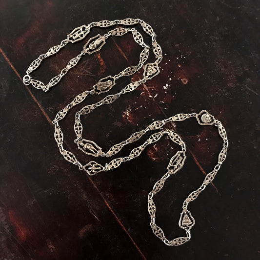 SOLD--Antique Italian Grand Tour 42" Souvenir Chain, Silver c. 1920