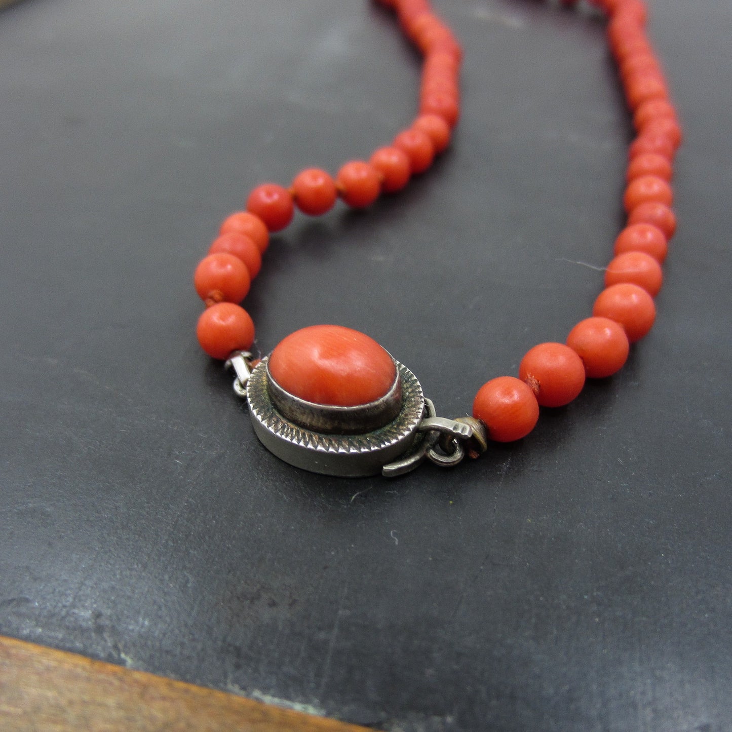 SOLD-Art Deco Italian Graduated Coral Bead Necklace 800 Silver c. 1920