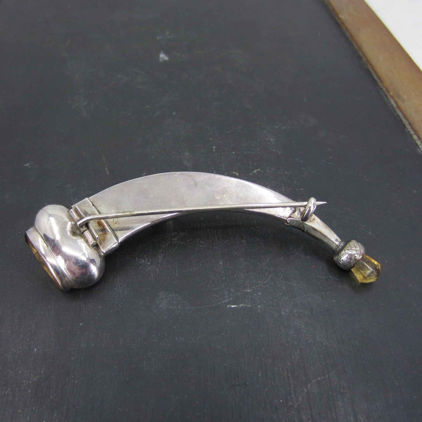 SOLD--Huge Victorian Scottish Agate and Citrine Hunting Horn Brooch Sterling c. 1880