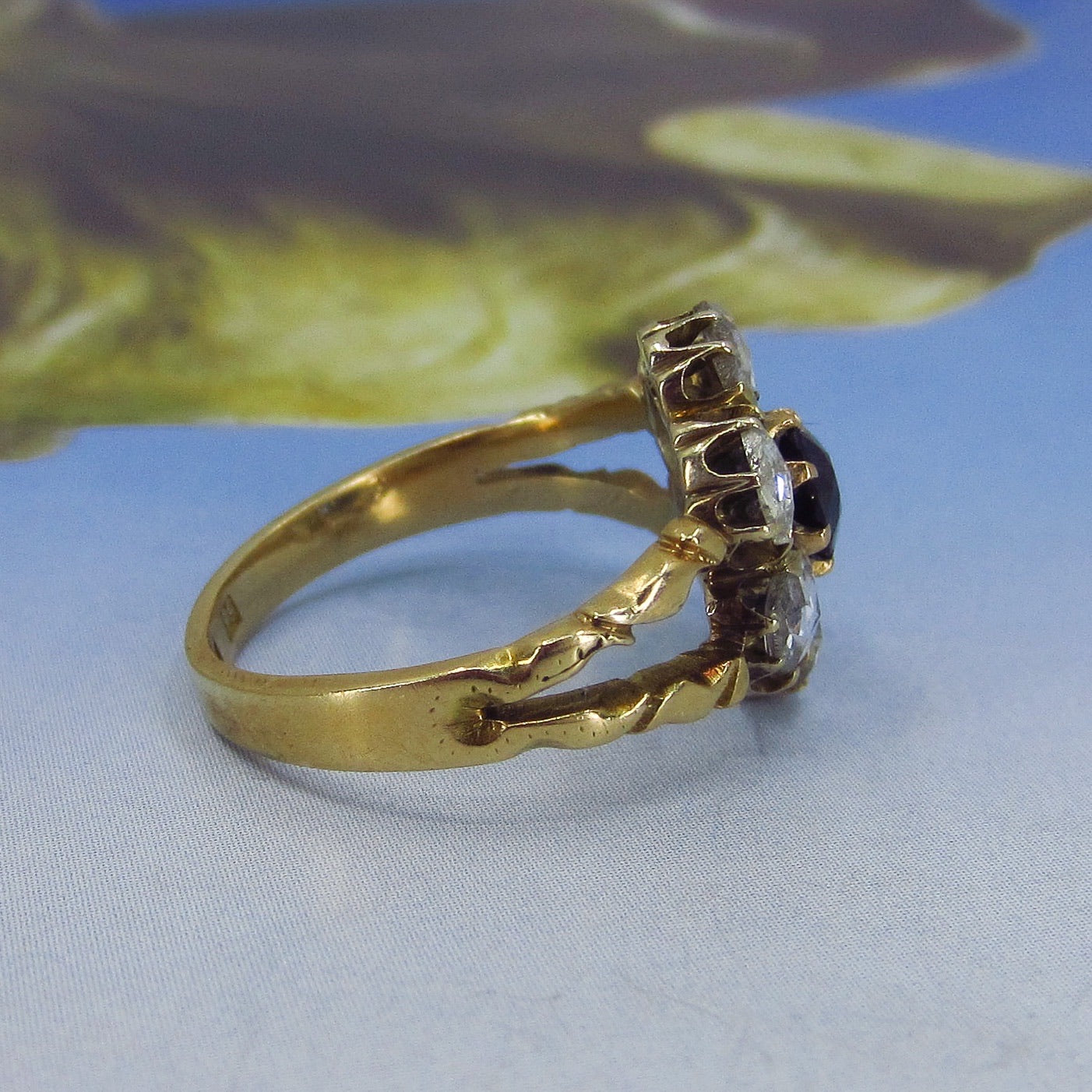 SOLD--Victorian Sapphire and Rose Cut Diamond Cluster Ring 14k, Russian c. 1880