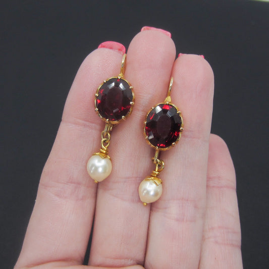 SOLD-Mid-Century Garnet and Pearl Drop Earrings 14k c. 1960