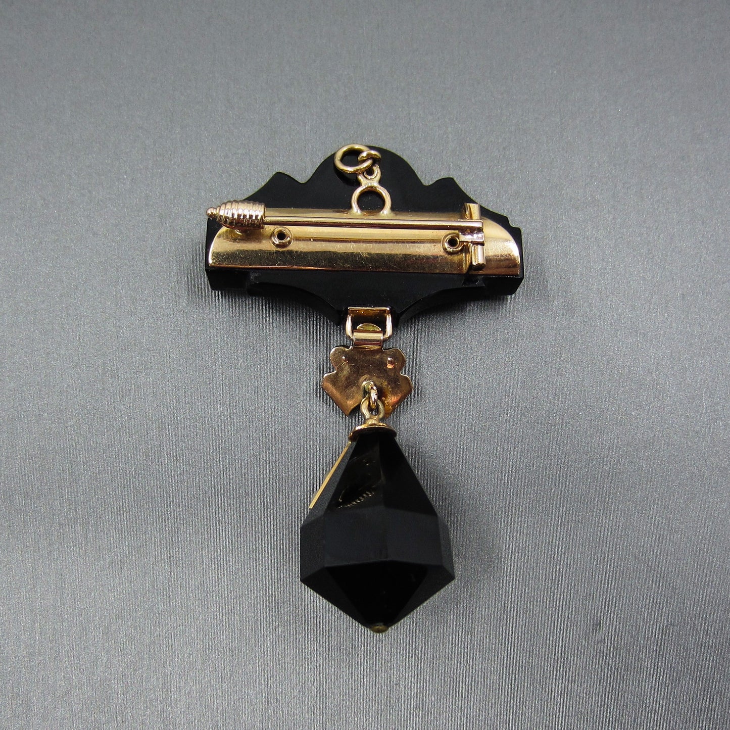 Victorian Onyx, Enamel and Seed Pearl Drop Brooch 14k c. 1880
