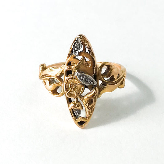 SOLD--Art Nouveau Rose Cut Diamond Navette Ring Silver/18k c. 1900