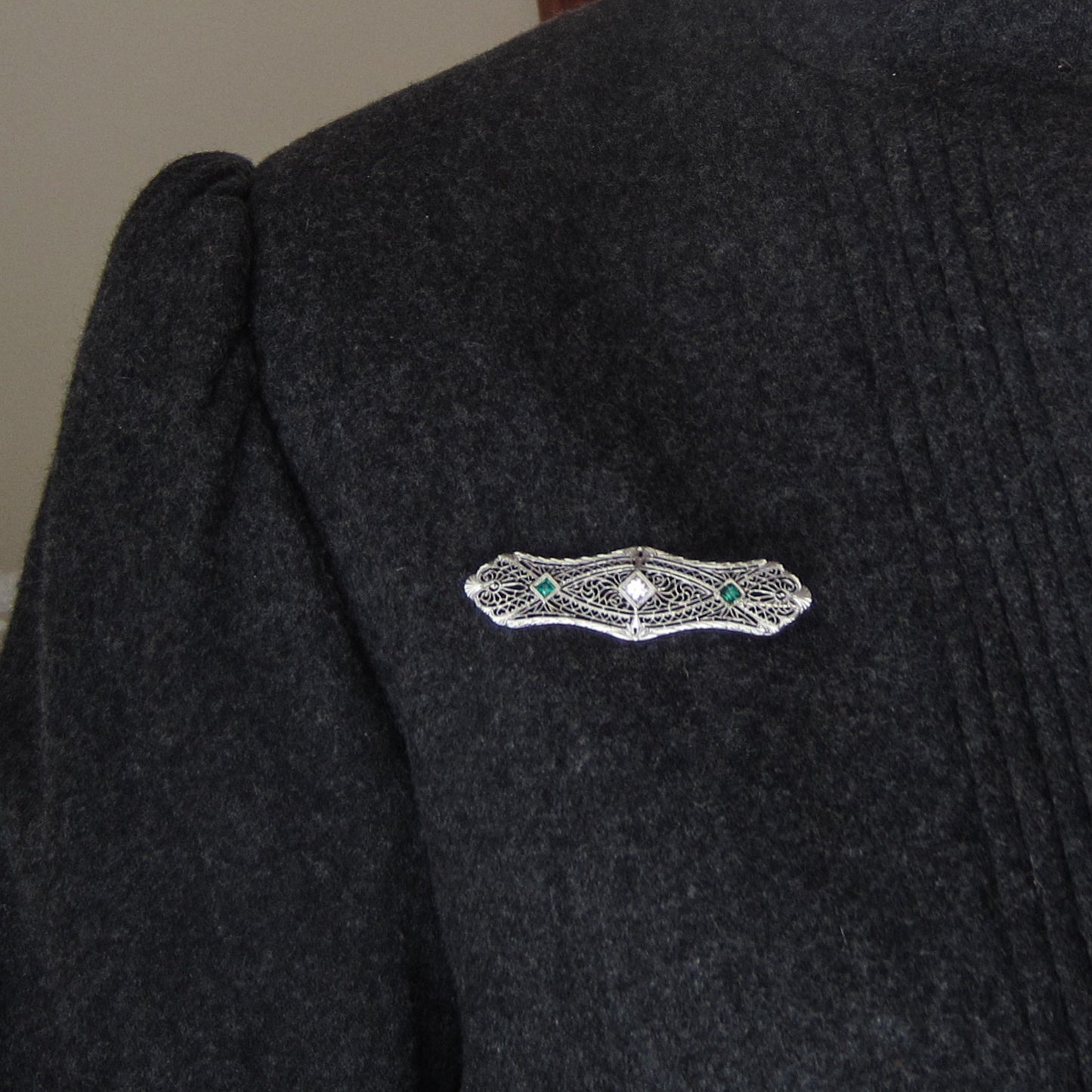 Art Deco Diamond Filigree Bar Pin 14k c. 1920