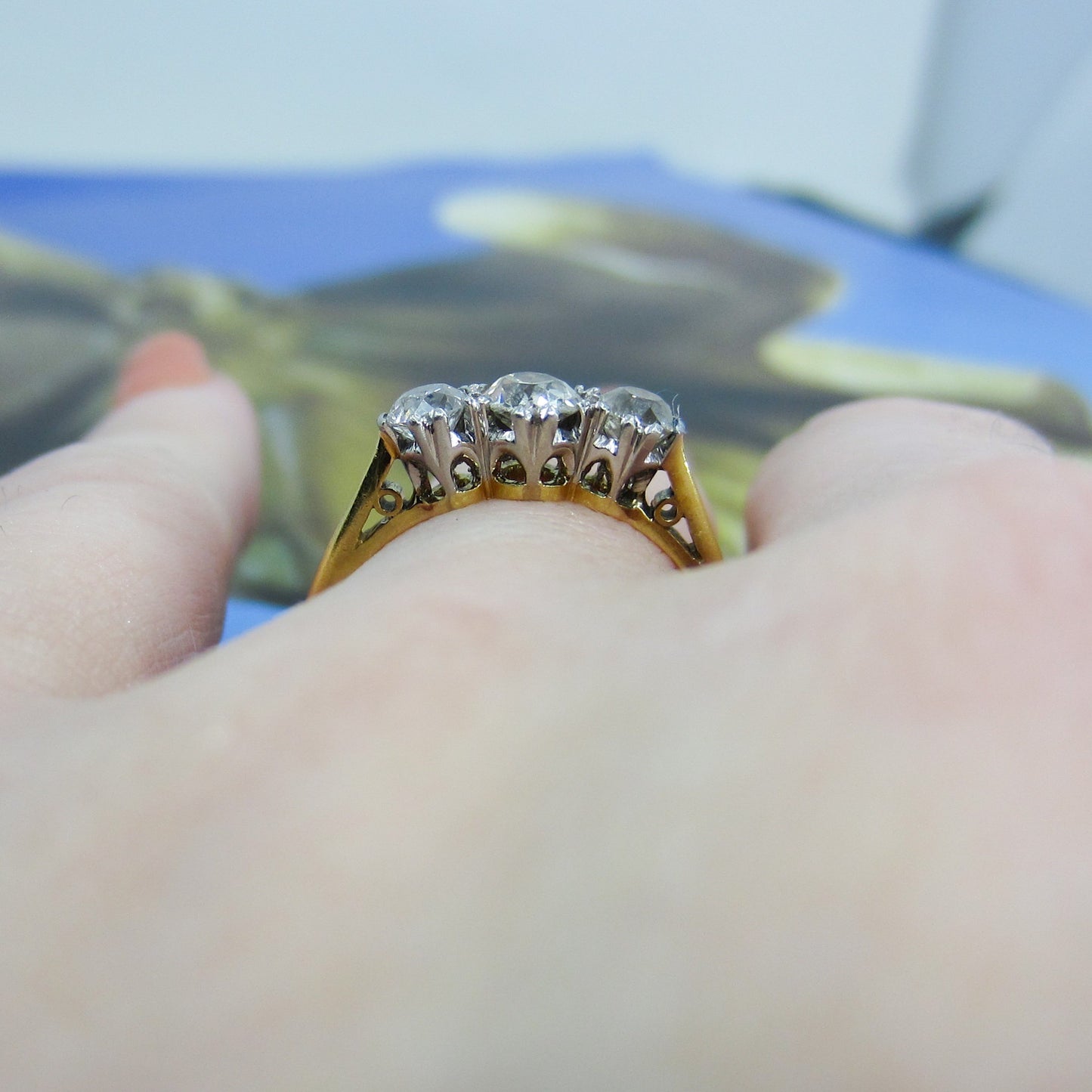 SOLD-Edwardian Three Old Mine Diamond Ring Platinum/18k c. 1910