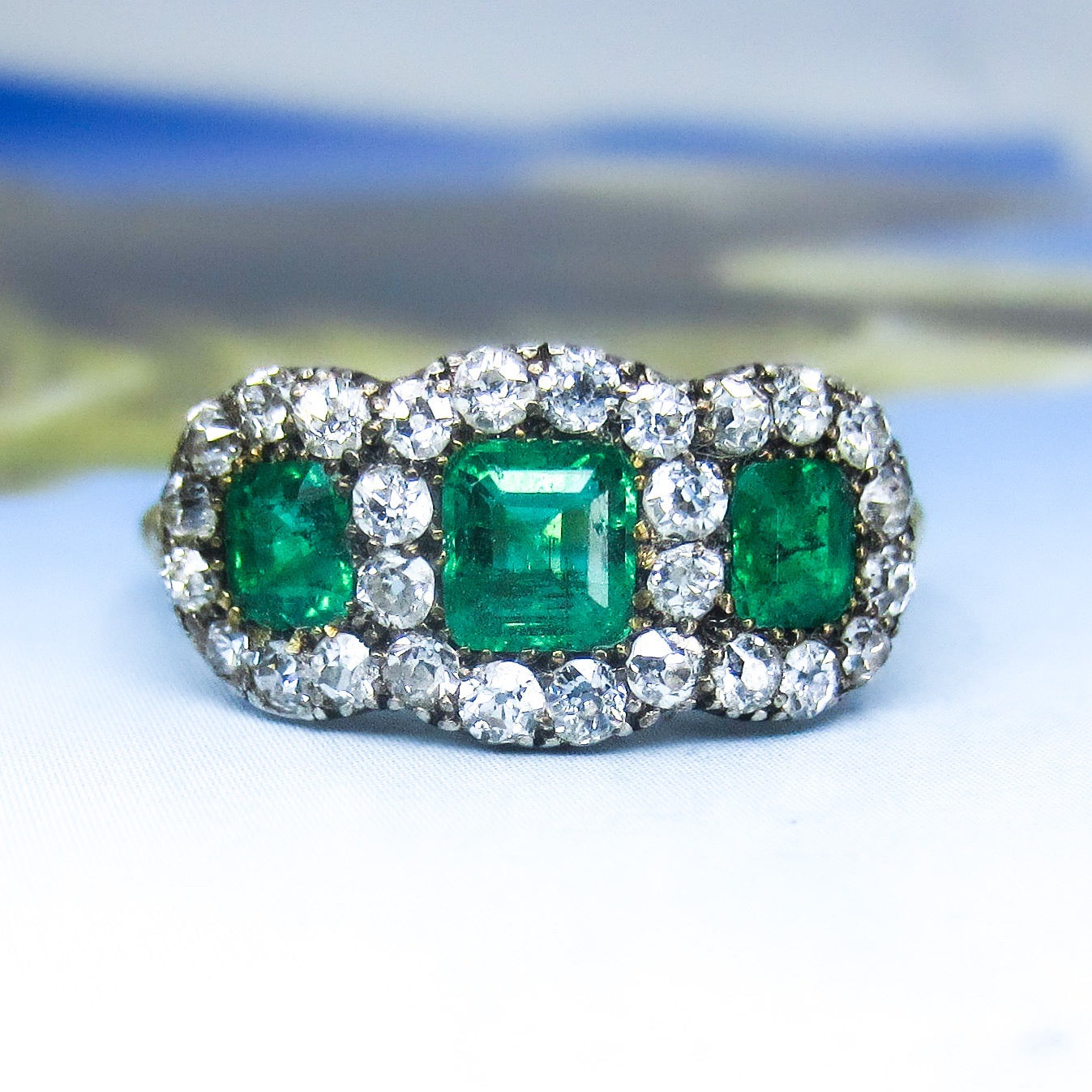 SOLD--Incredible Victorian Emerald and Diamond Cluster Ring Silver/18k c. 1850