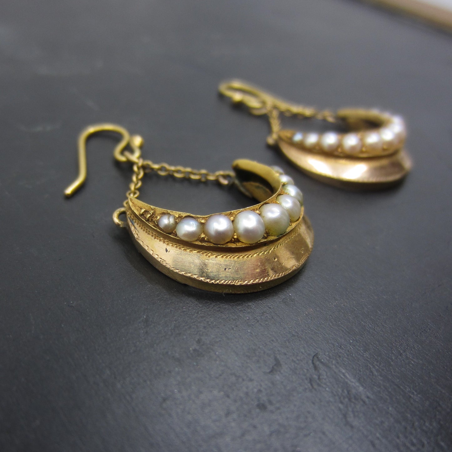 SOLD--Victorian Pearl Crescent Earrings 14k c. 1880