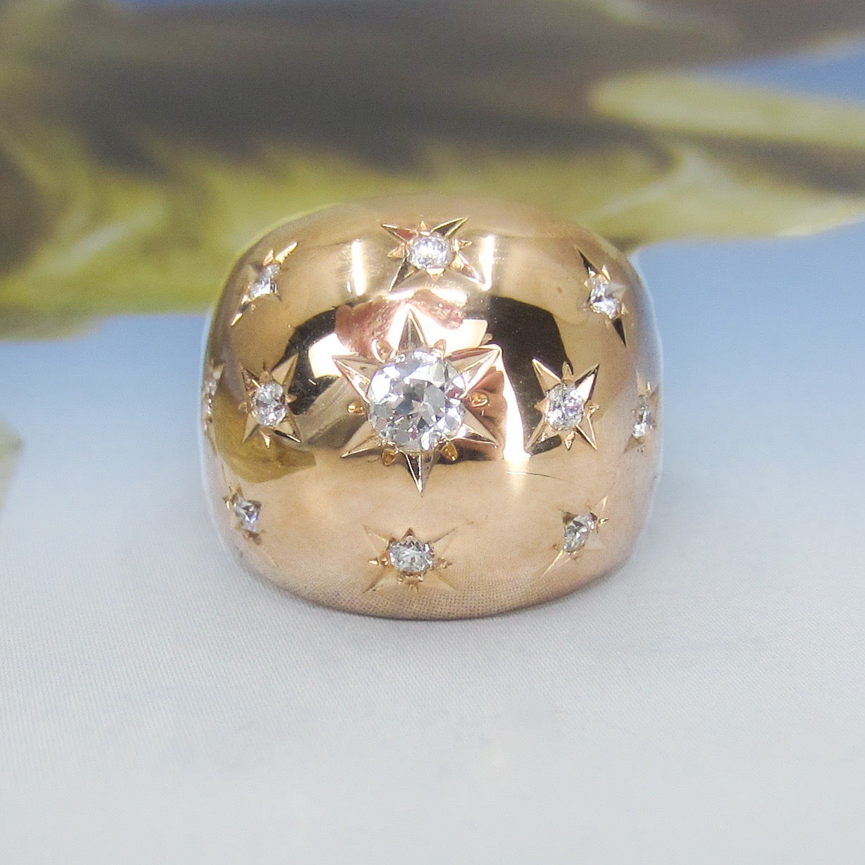 SOLD--Retro Star Set Diamond Bombe Ring 18k, French c. 1940