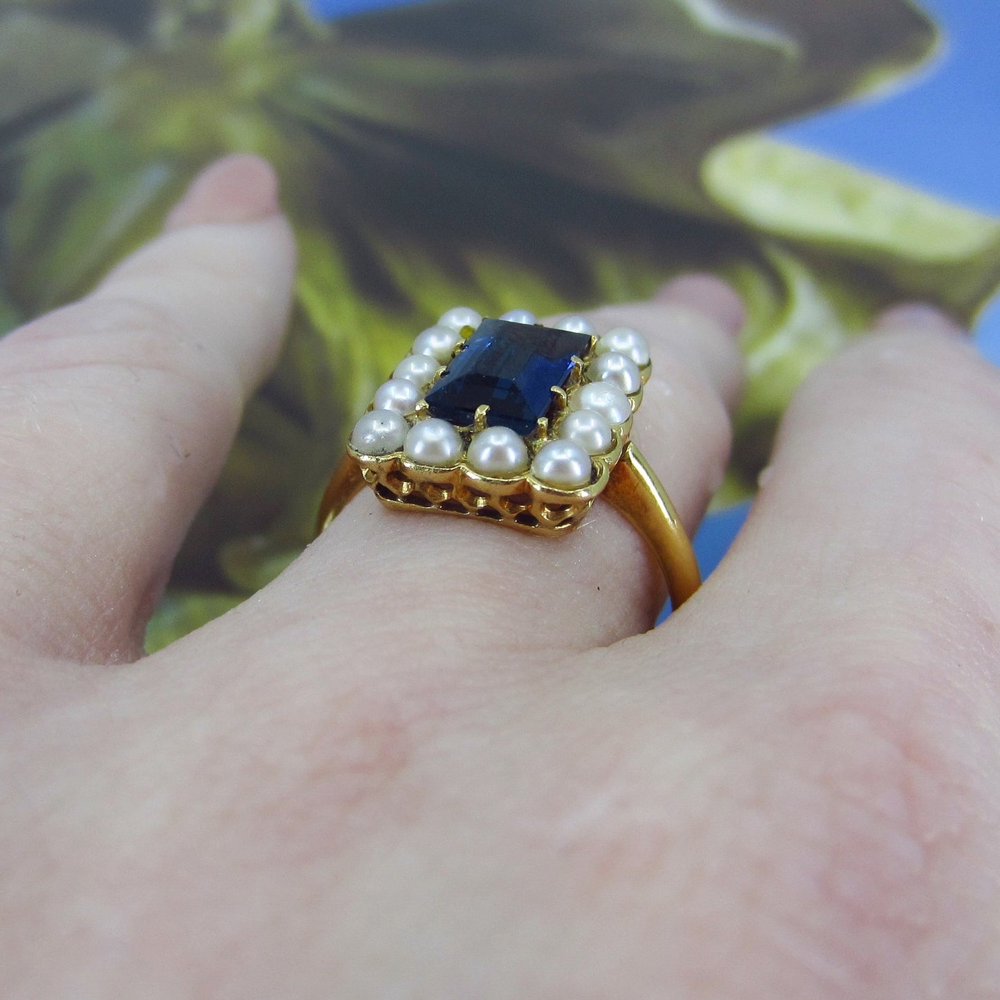 SOLD--Vintage Sapphire and Pearl Ring 18k c. 1960