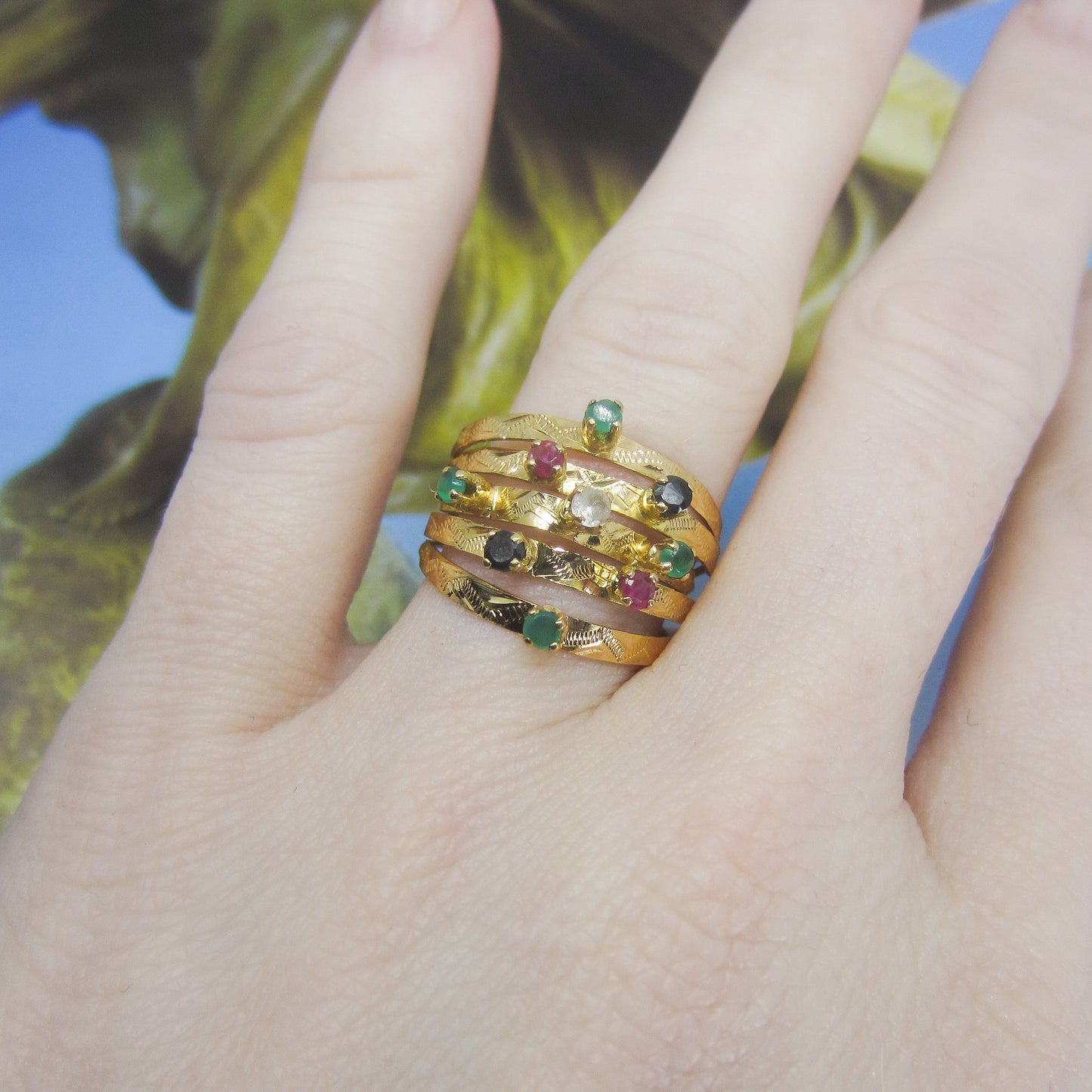 SOLD-Mid-Century Multi-Gem Harem Ring 18k, size 6 c. 1960