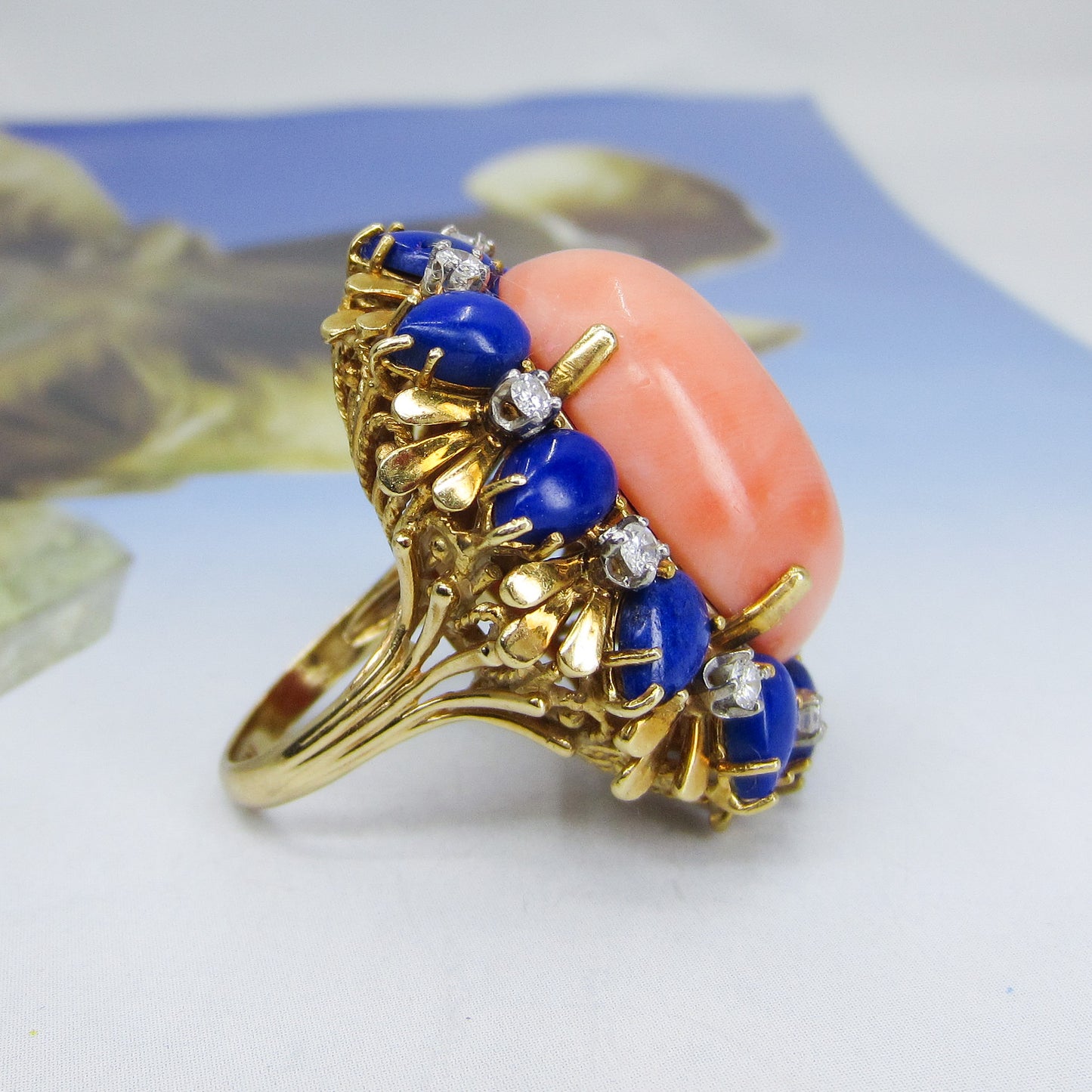 SOLD--MASSIVE Mid-Century Coral, Lapis and Diamond Ring 18k c. 1960