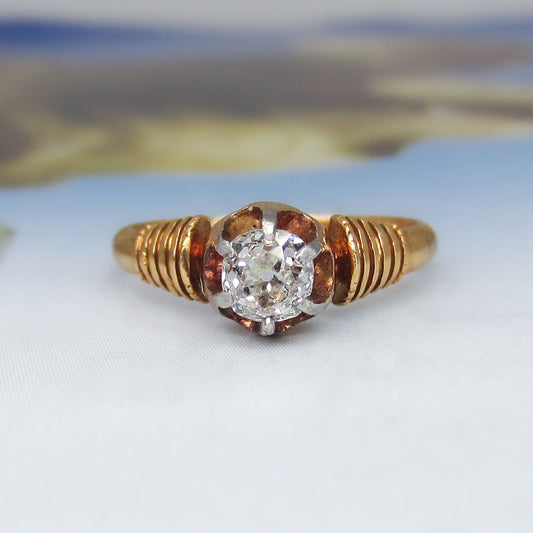 SOLD--Victorian Old Mine .42ct Diamond Solitaire Engagement Ring 14k c. 1869