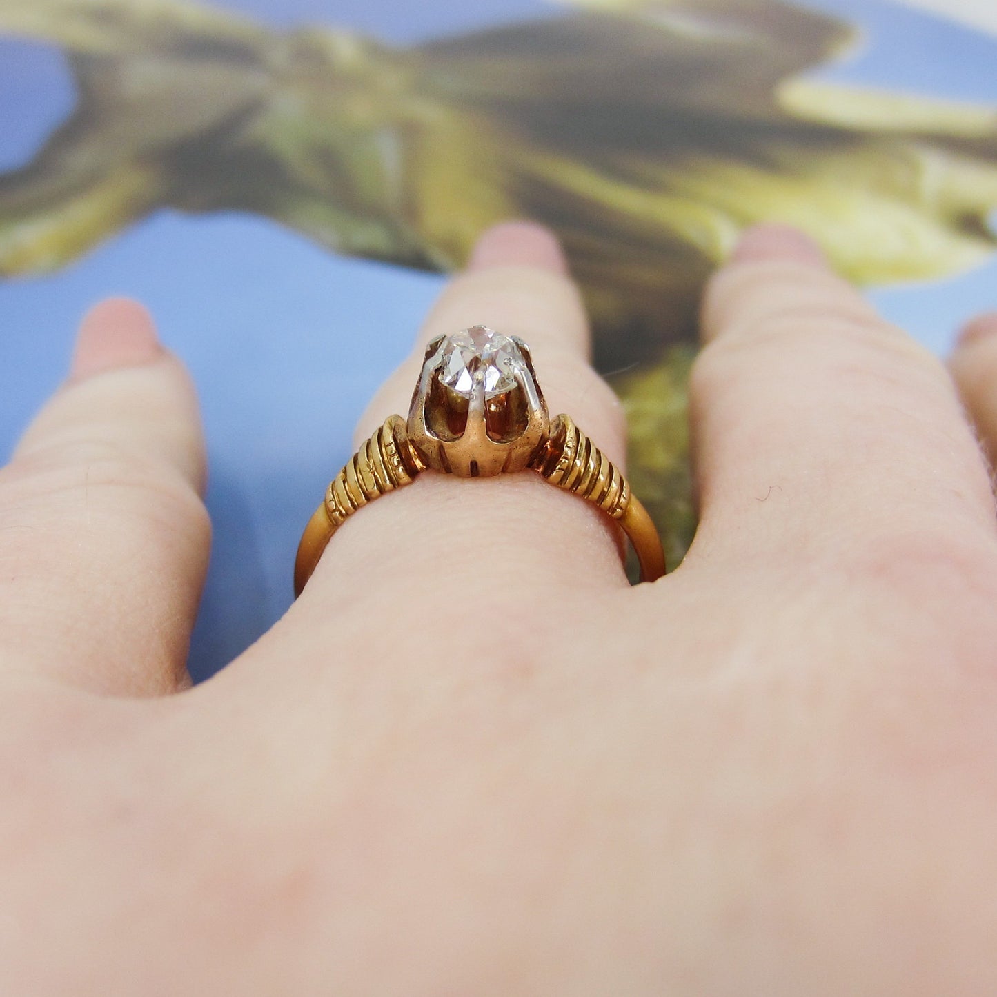 SOLD--Victorian Old Mine .42ct Diamond Solitaire Engagement Ring 14k c. 1869