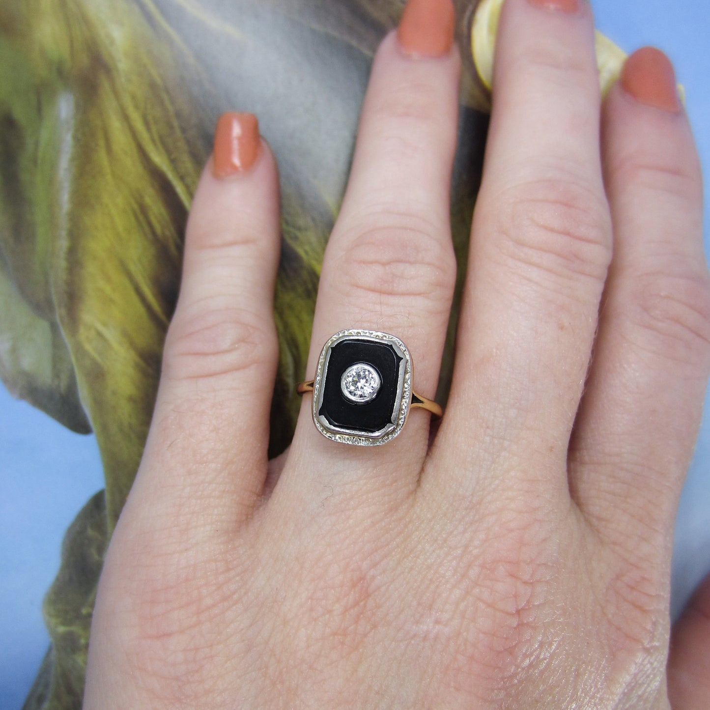 SOLD—Art Deco Old European Diamond and Onyx Ring 14k c. 1920