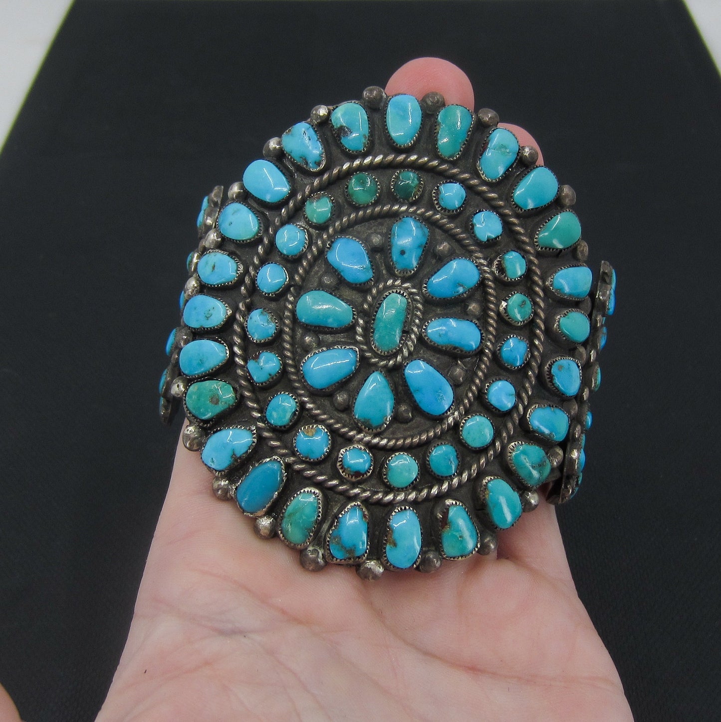 SOLD—HUGE Zuni Turquoise Petit Point Men's Cuff Sterling c. 1950