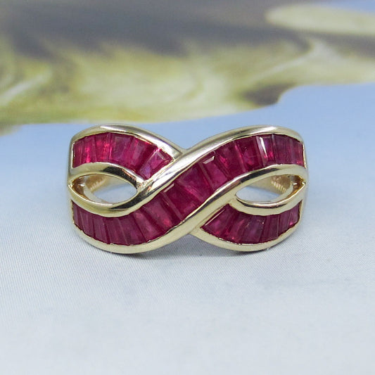 SOLD--Vintage 90’s Ruby Baguette Infinity Ring 14k c. 1995