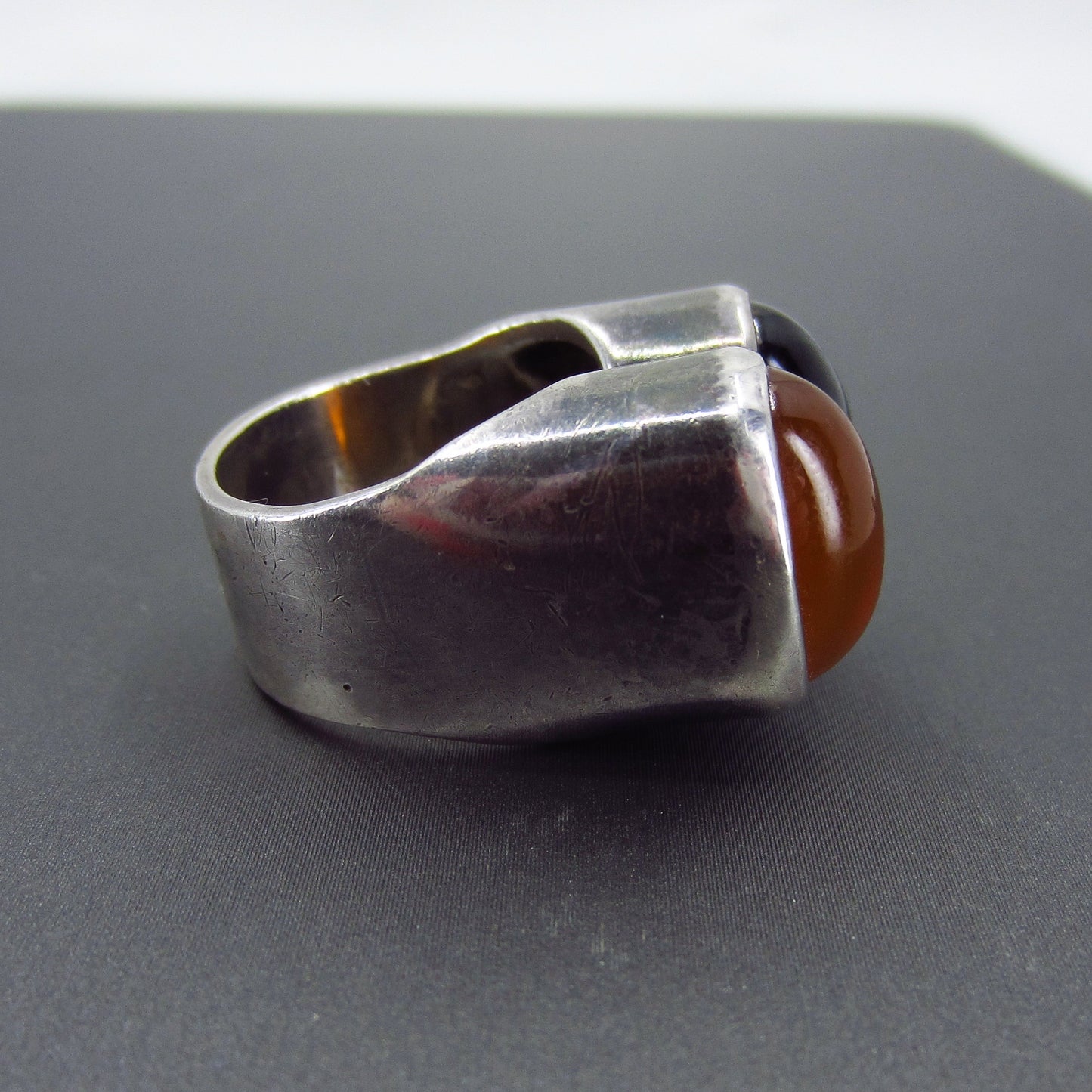 SOLD--Modernist Carnelian and Onyx Cabochon Ring Sterling c. 1970