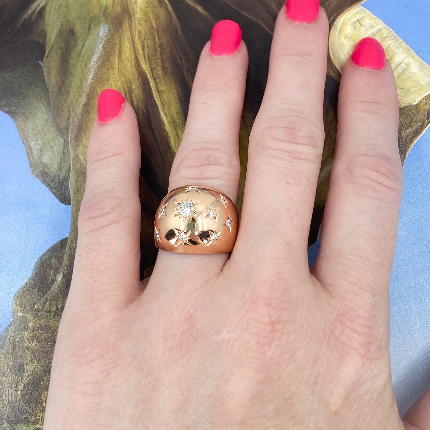 SOLD--Retro Star Set Diamond Bombe Ring 18k, French c. 1940