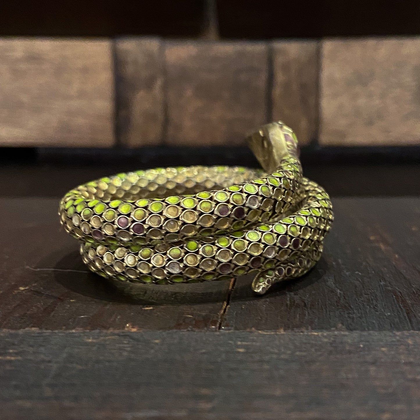 SOLD--Art Deco Enamel Coiled Snake Bracelet Gilt Sterling c. 1930