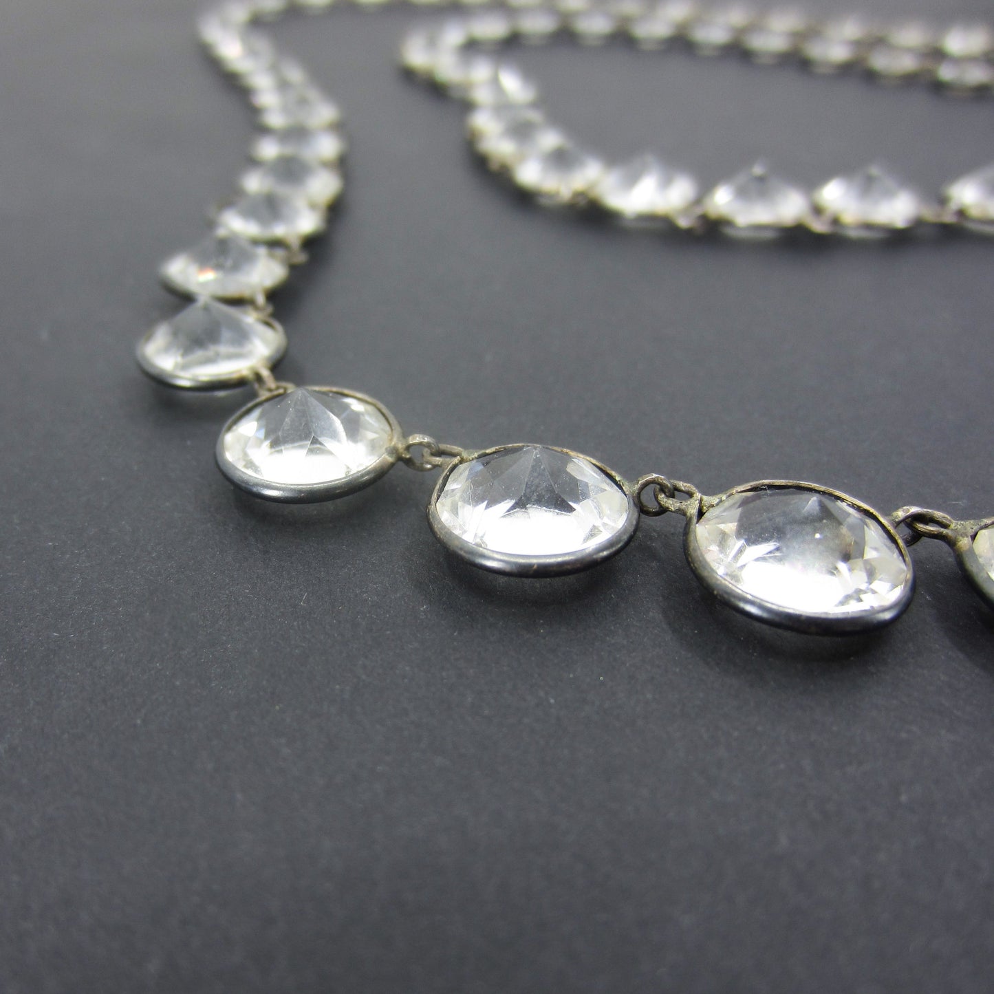 SOLD Art Deco Long 32” Graduated Paste Crystal Necklace Sterling c. 1930