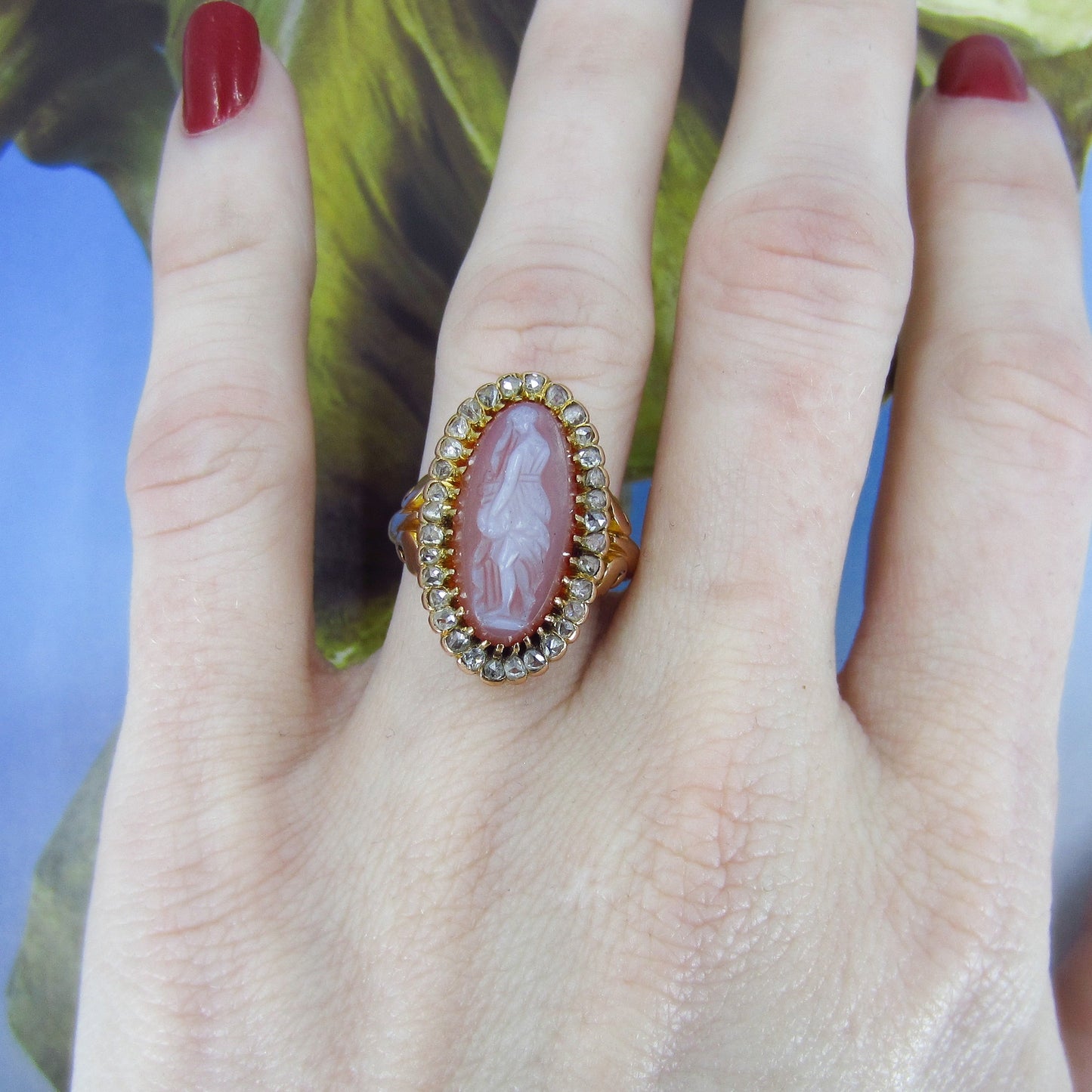 Victorian Hardstone Cameo and Rose Cut Diamond Ring 14k c. 1870