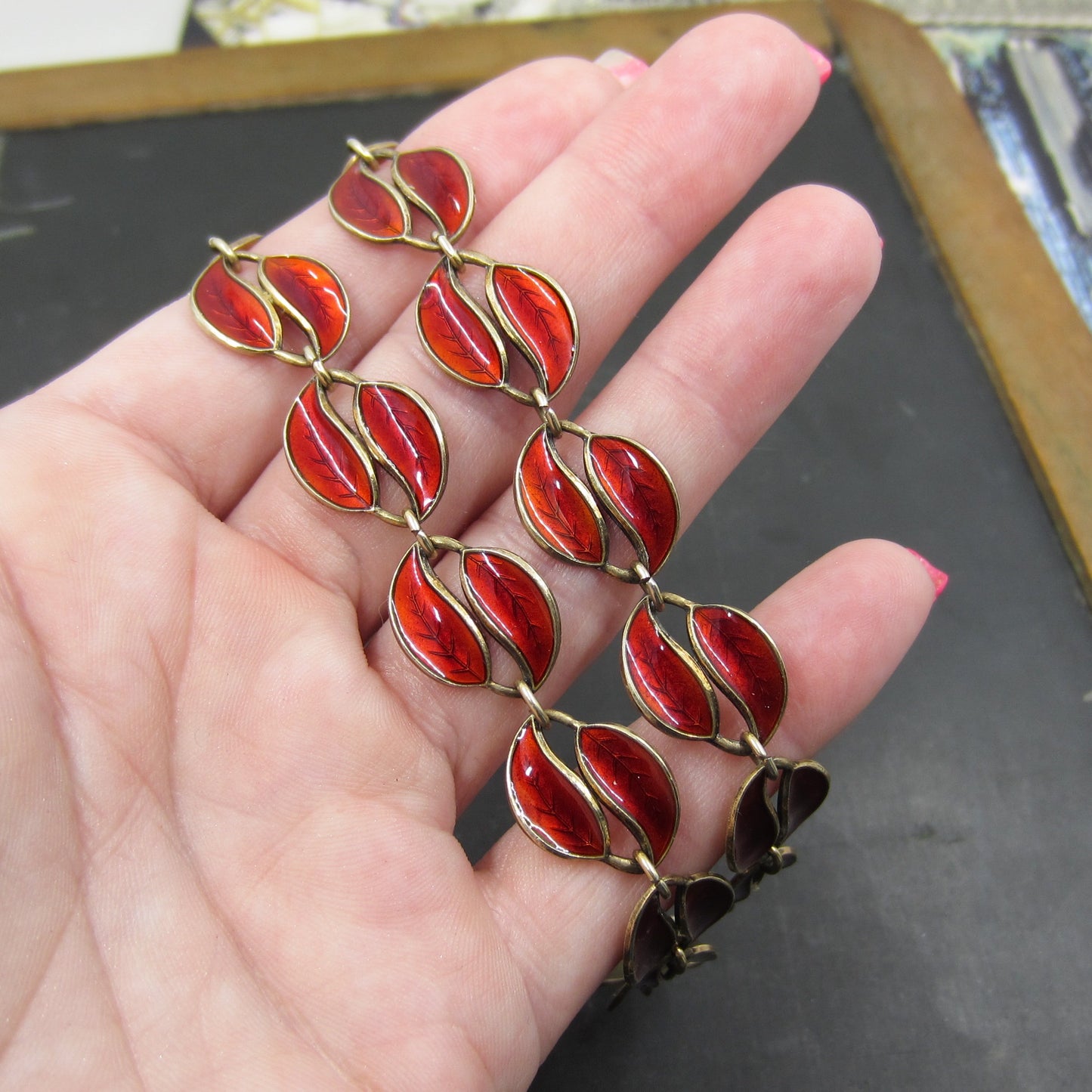SOLD--Mid-Century David Andersen Red Enamel Necklace Gilt Sterling c. 1950, Norway