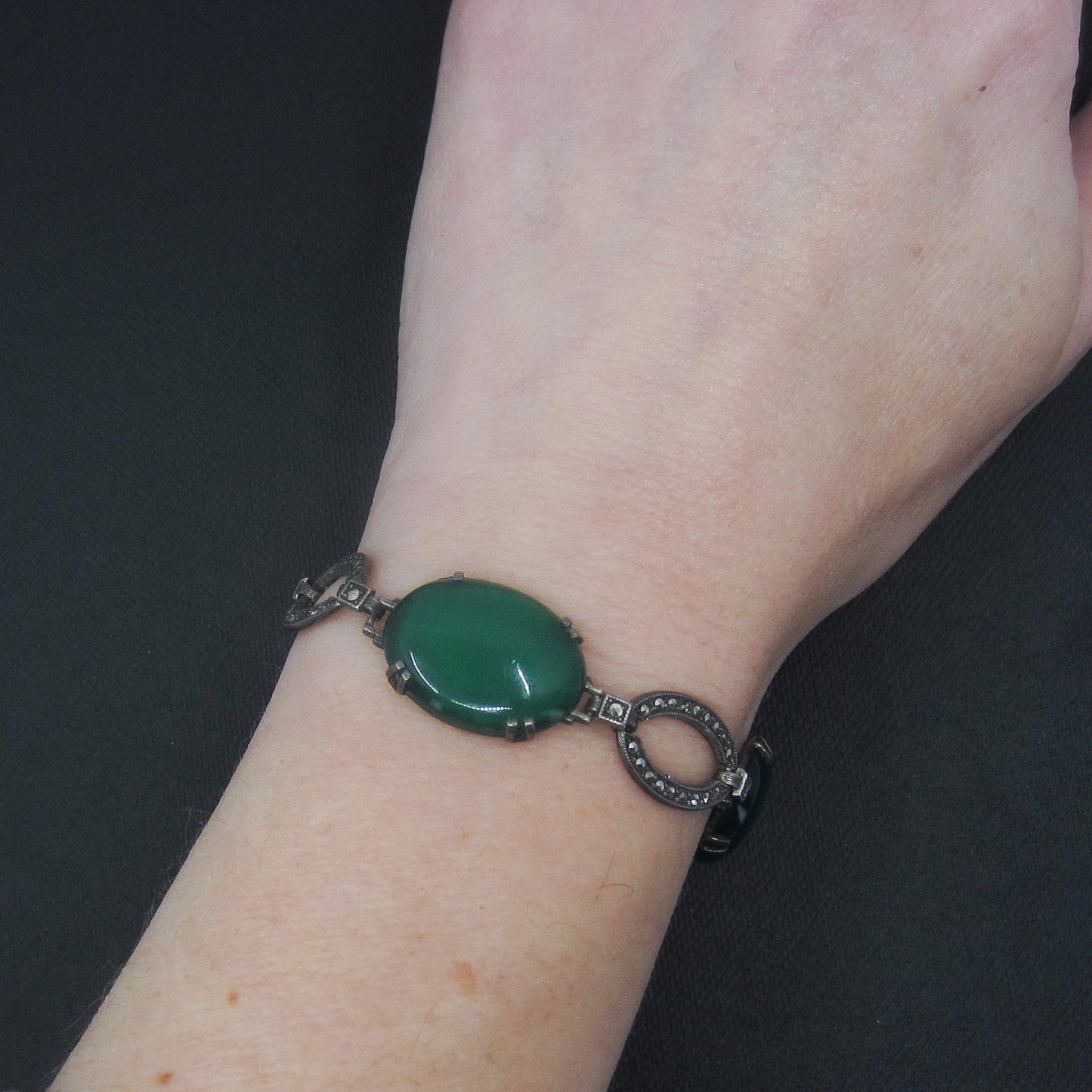 SOLD--Art Deco Green Chalcedony and Marcasite Bracelet Sterling c. 1930