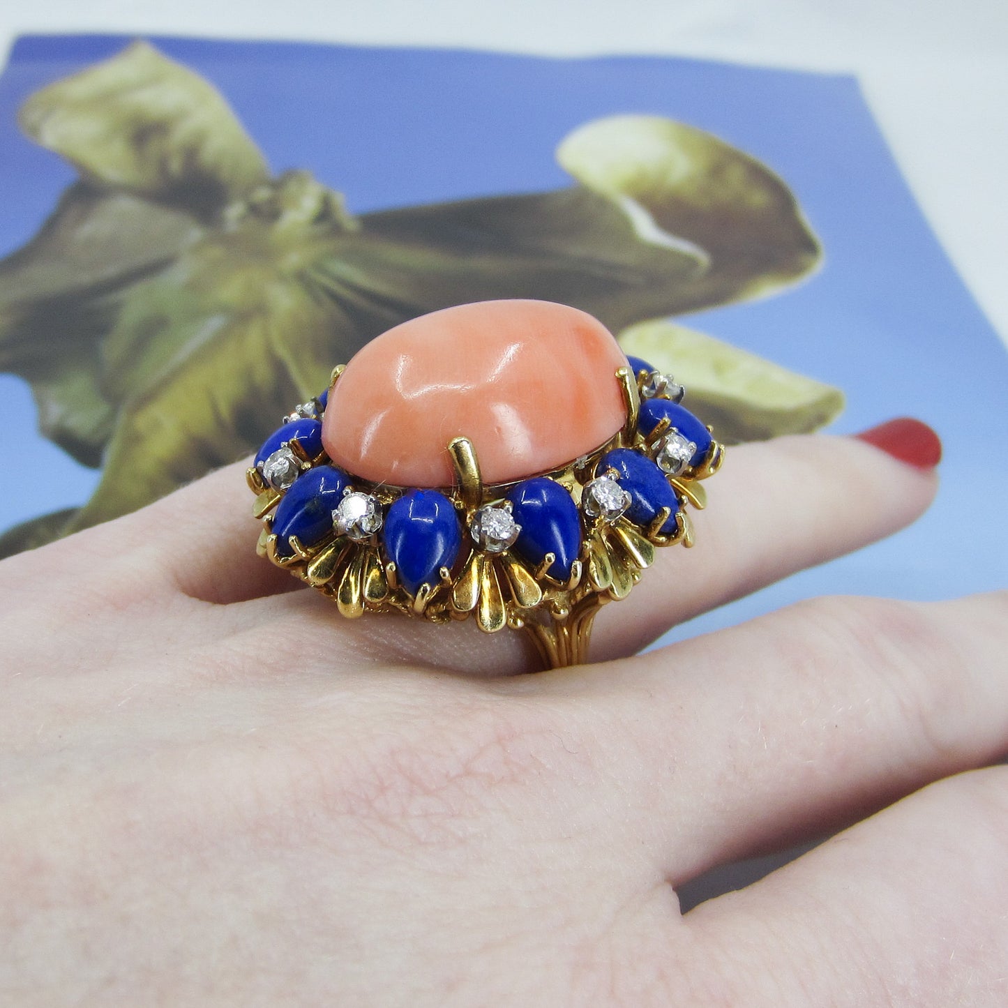 SOLD--MASSIVE Mid-Century Coral, Lapis and Diamond Ring 18k c. 1960