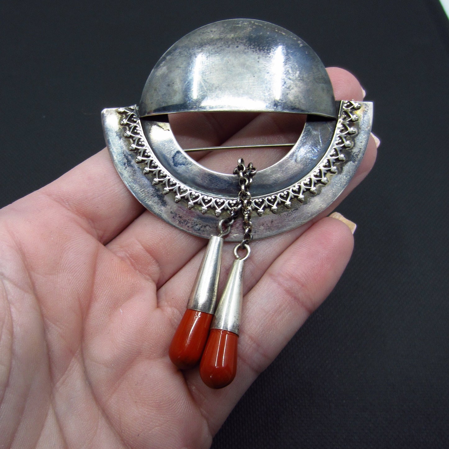 Mid-Century Jasper Drop Brooch Sterling c. 1970