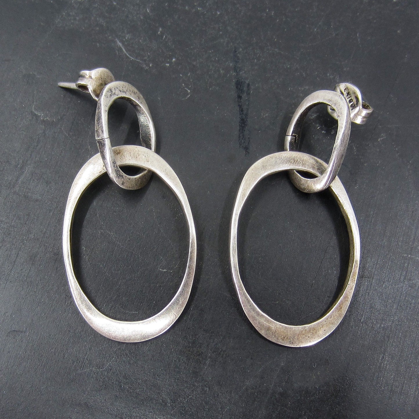 SOLD-Fabulous Modernist Hoop Drop Earrings Sterling c. 1970