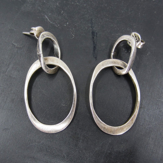 SOLD-Fabulous Modernist Hoop Drop Earrings Sterling c. 1970