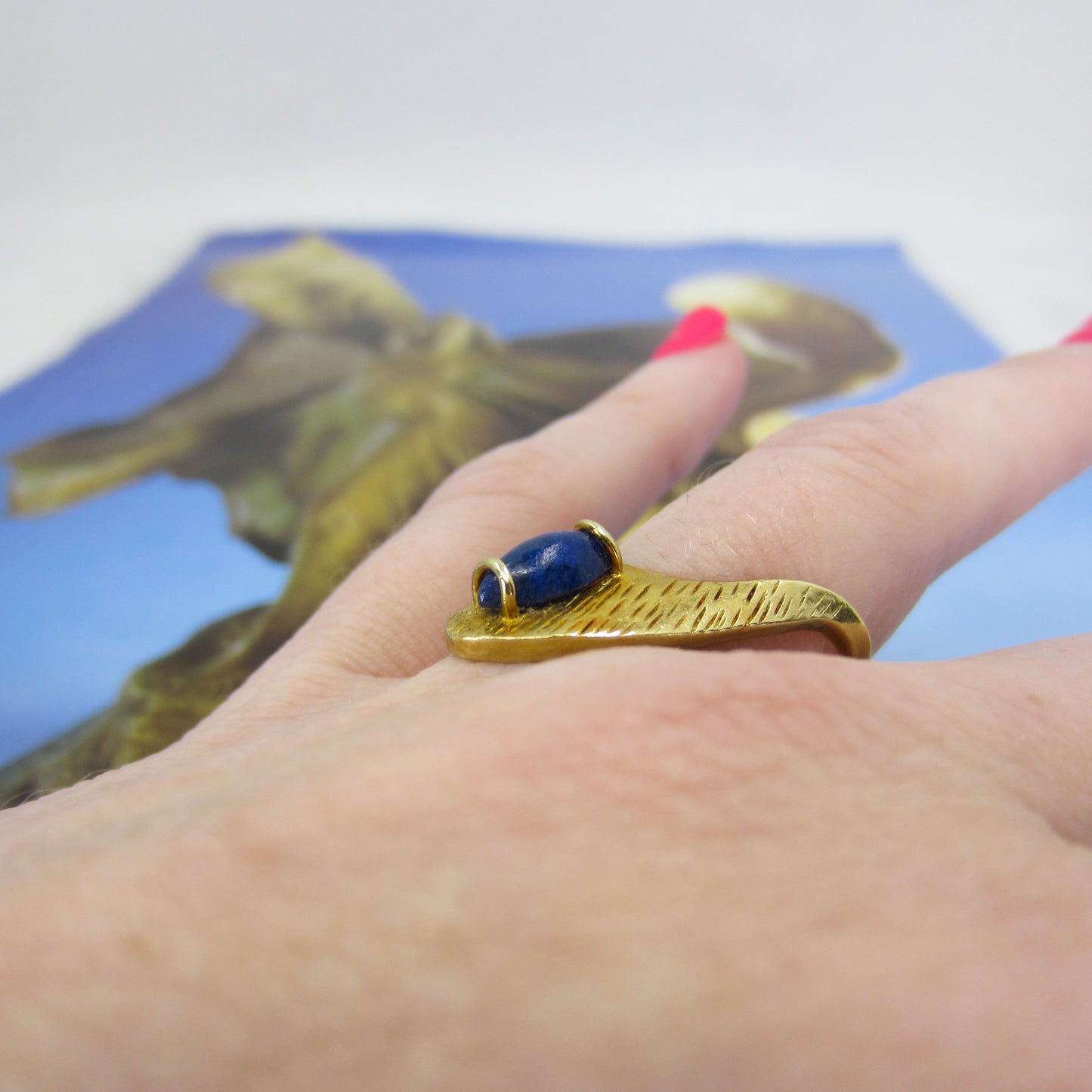 SOLD-Modernist Lapis Geometric Ring 14k c. 1960