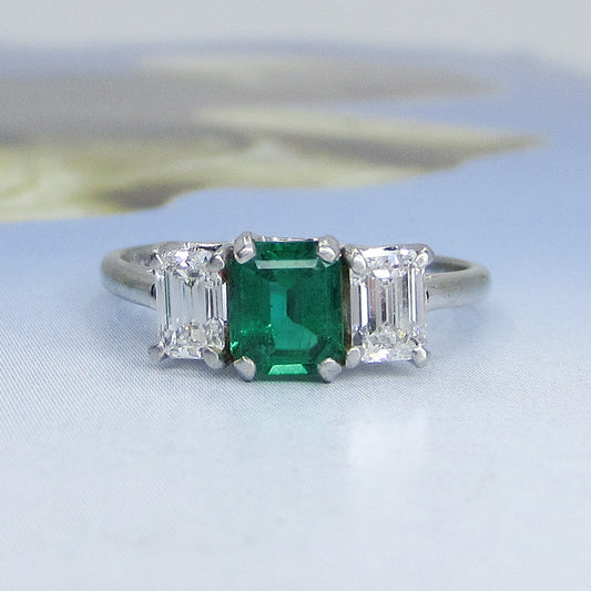 SOLD Vintage Mid-Century Emerald and Diamond Ring 18k/Plat c. 1950