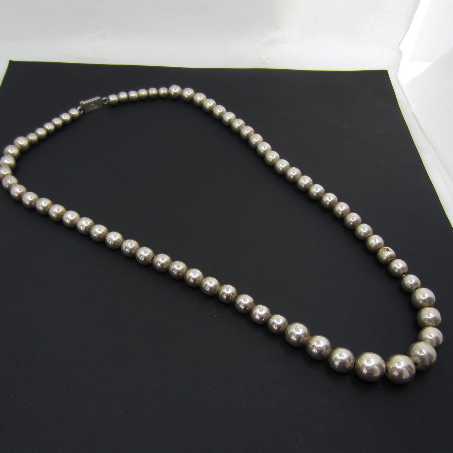 Vintage Taxco Long Graduated Ball Bead Necklace Sterling, Mexico c. 1980