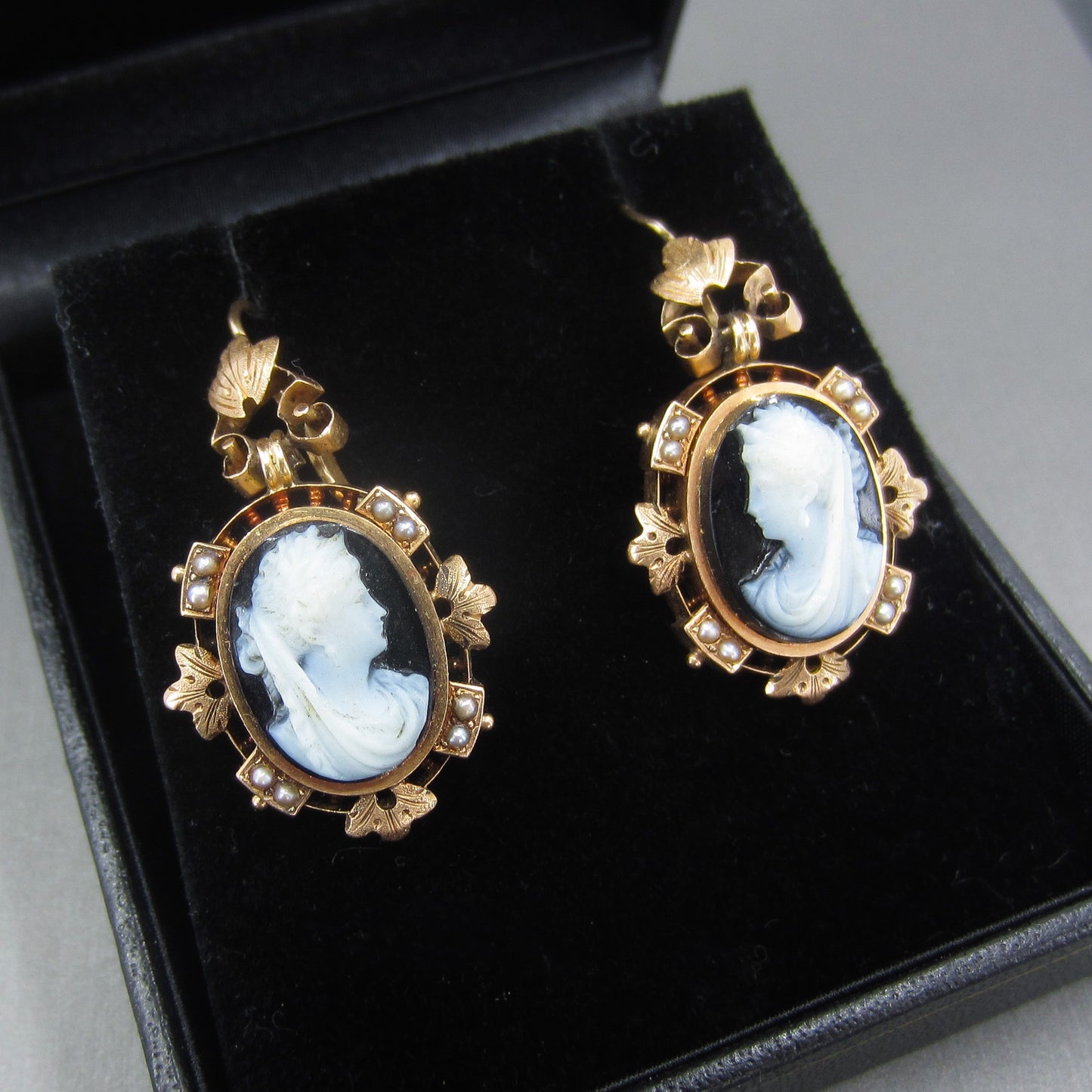 SOLD— Victorian Hardstone Cameo and Pearl Earrings 14k c. 1880