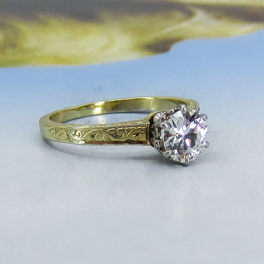 Art Deco Old European .71ct Solitaire Diamond Engagement Ring Platinum/14k c. 1920