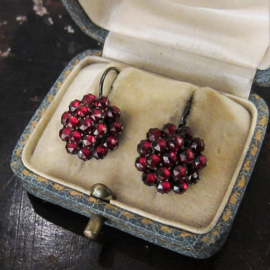 SOLD-Victorian Bohemian Garnet Cluster Earrings Silver c. 1890