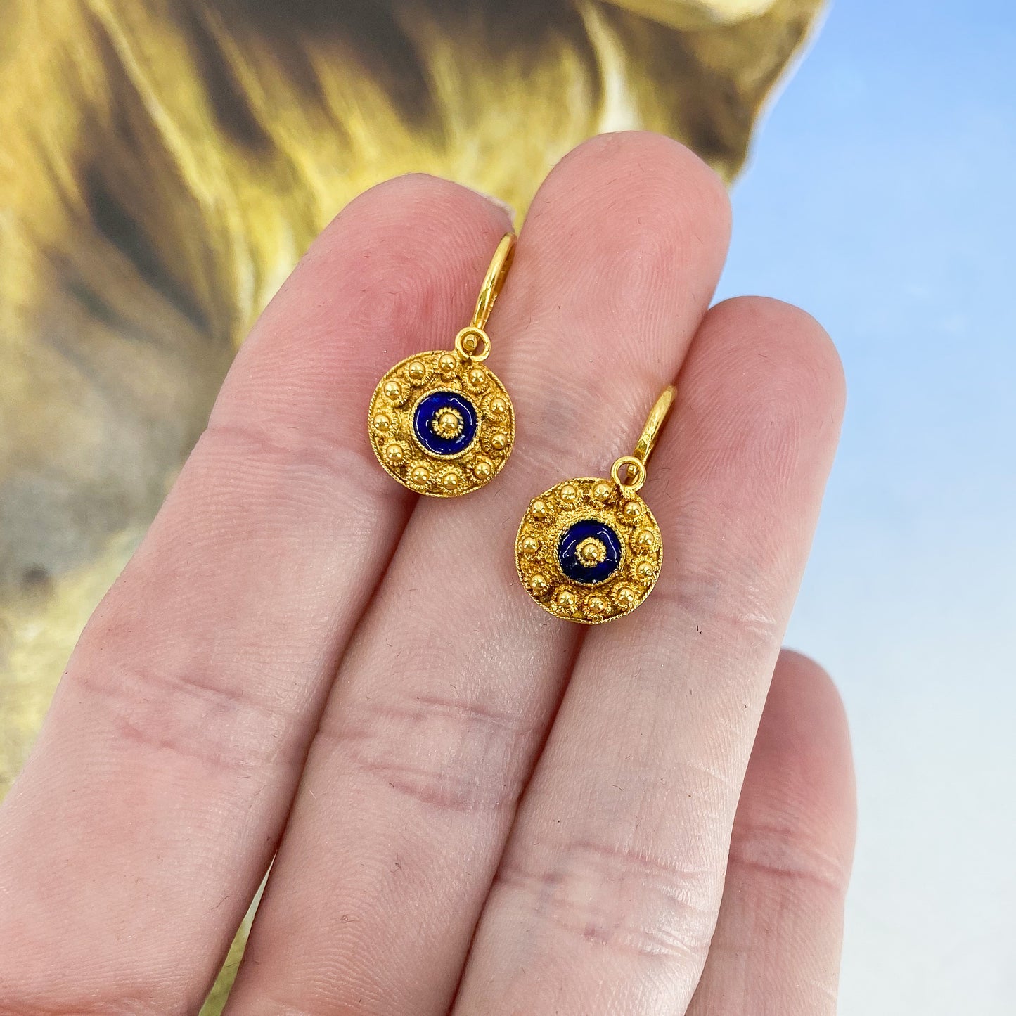 SOLD--Fantastic Mid-Century Portuguese Day/Night Enamel Earrings 19k c. 1950