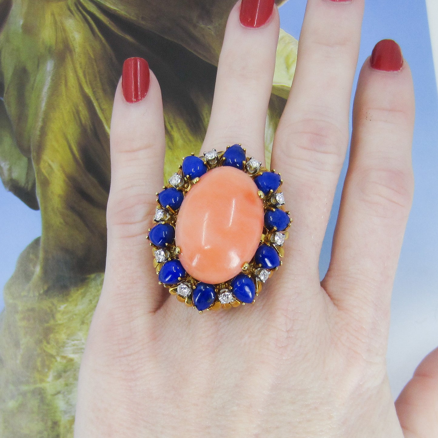 SOLD--MASSIVE Mid-Century Coral, Lapis and Diamond Ring 18k c. 1960