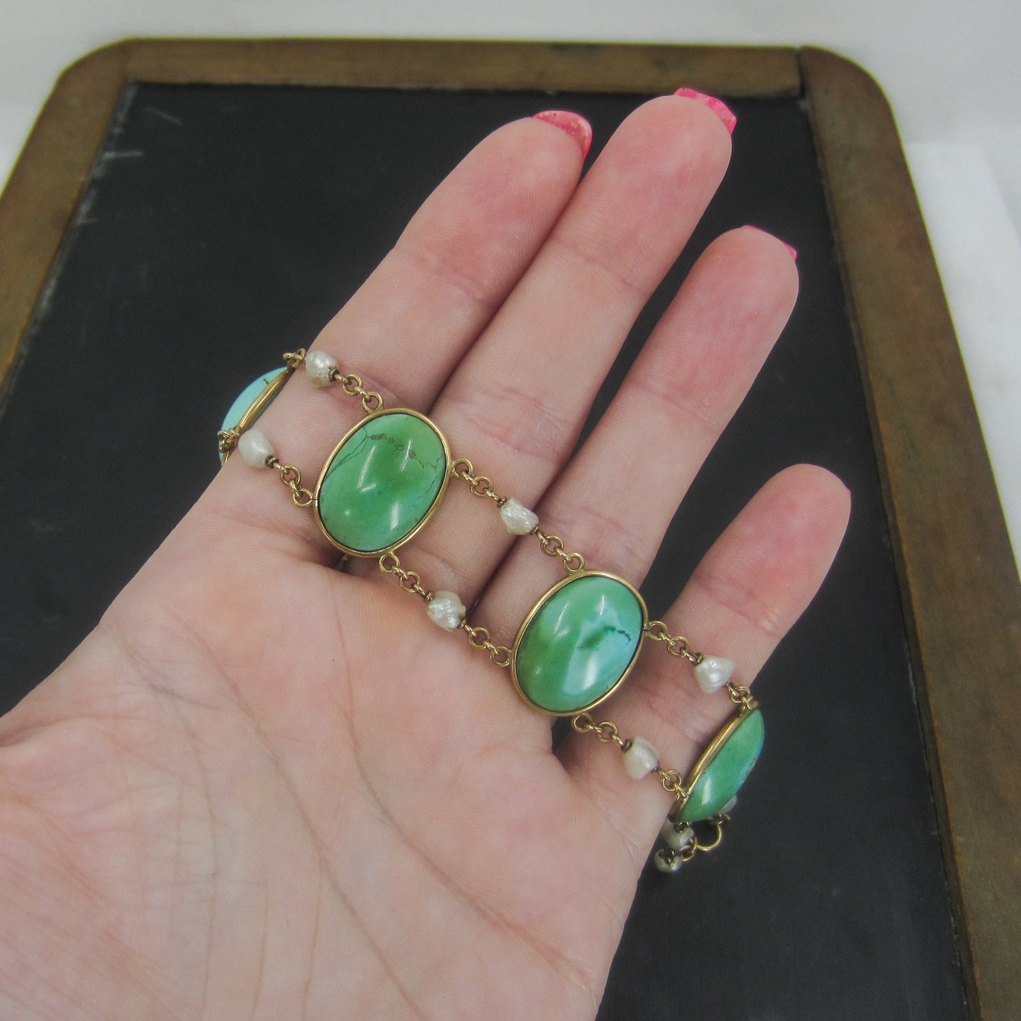 Edwardian Turquoise and Pearl Bracelet 14k c. 1910