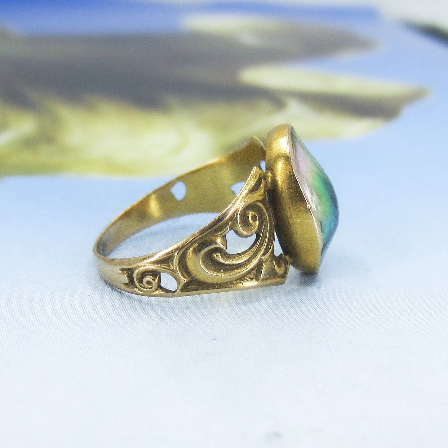SOLD--Art Nouveau Mother of Pearl Ring 10k c. 1890