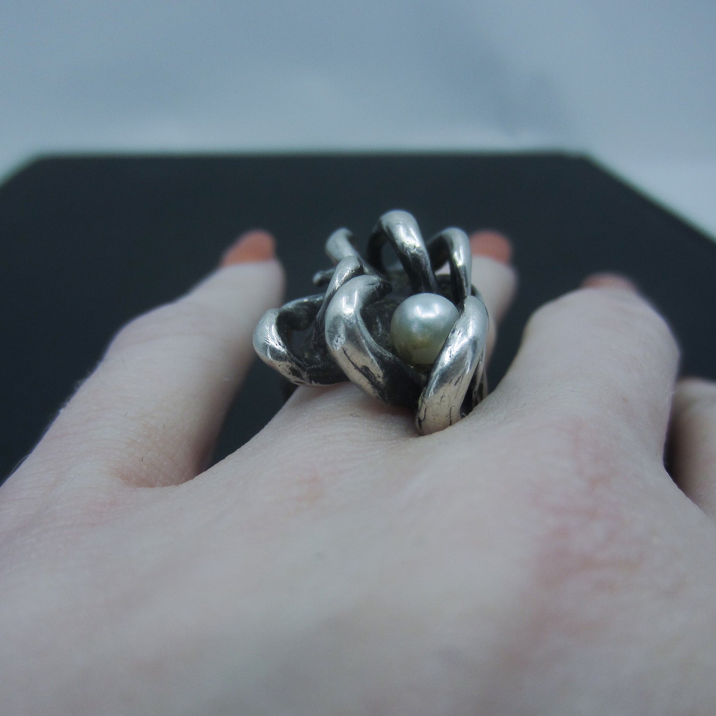 SOLD--Modernist Pearl Sculptural Ring Sterling, Eben Haskell c. 1970