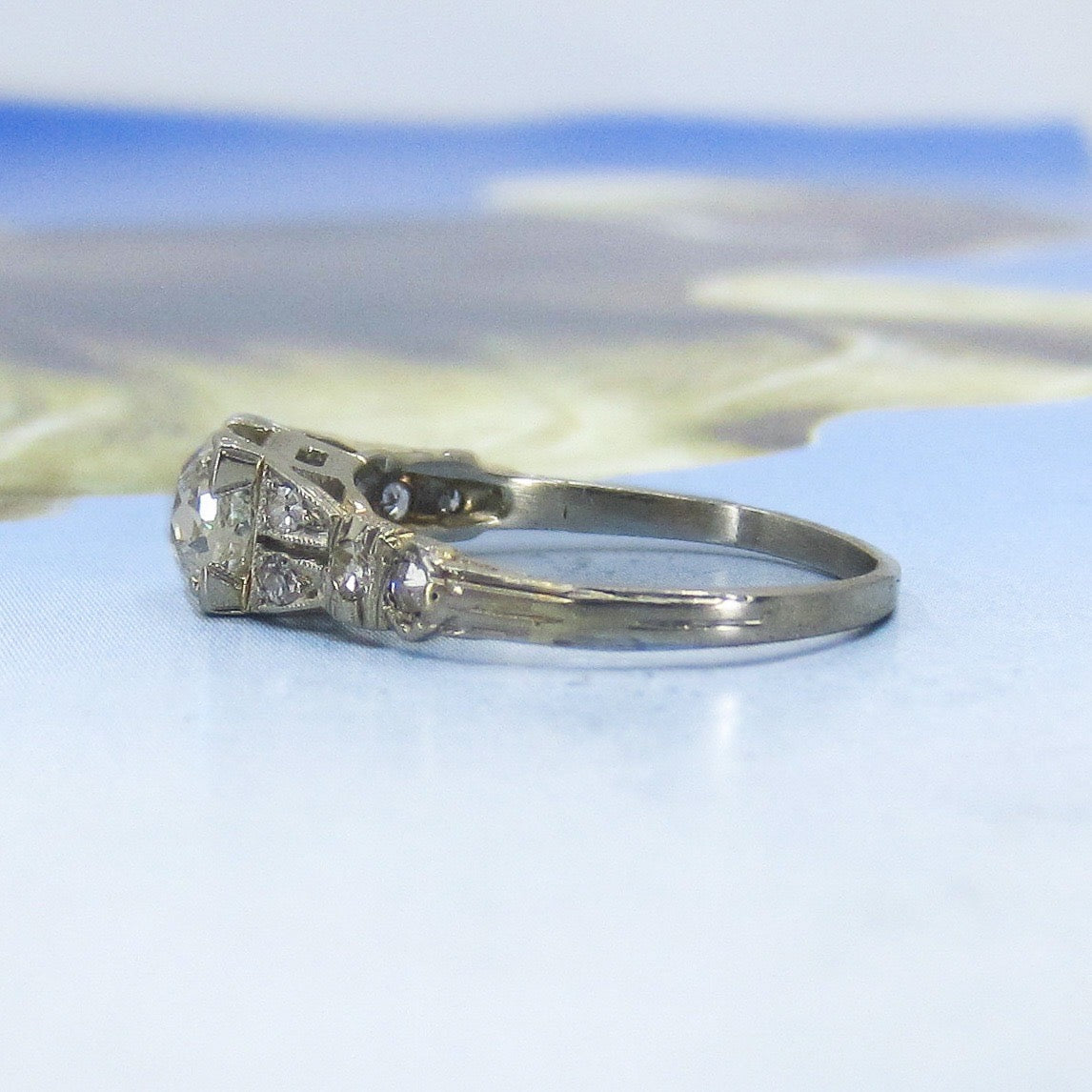 SOLD--Art Deco Old Mine .67ct Diamond Engagement Ring 18k c. 1920