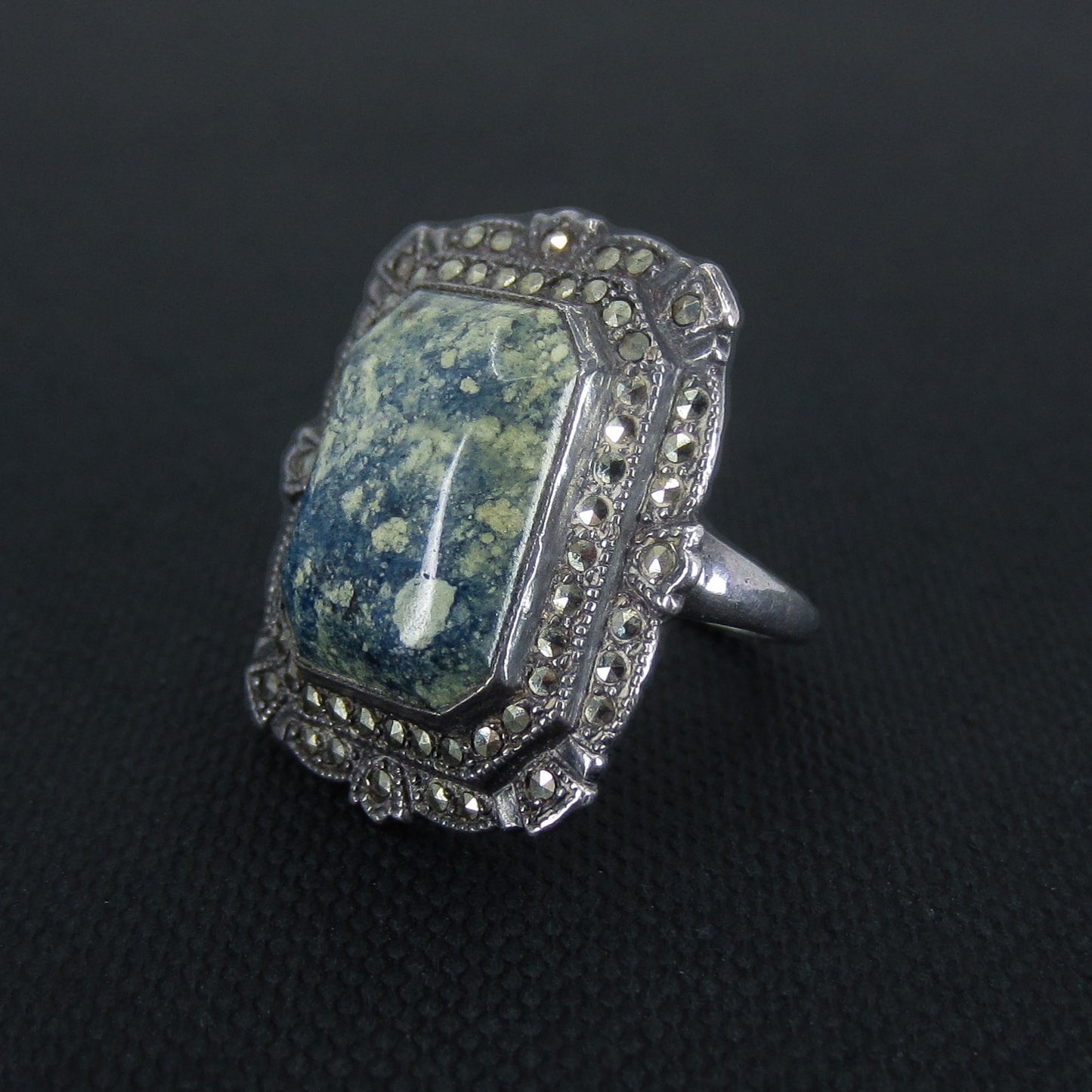 SOLD-Art Deco Blue Jasper and Marcasite Ring Sterling c. 1930