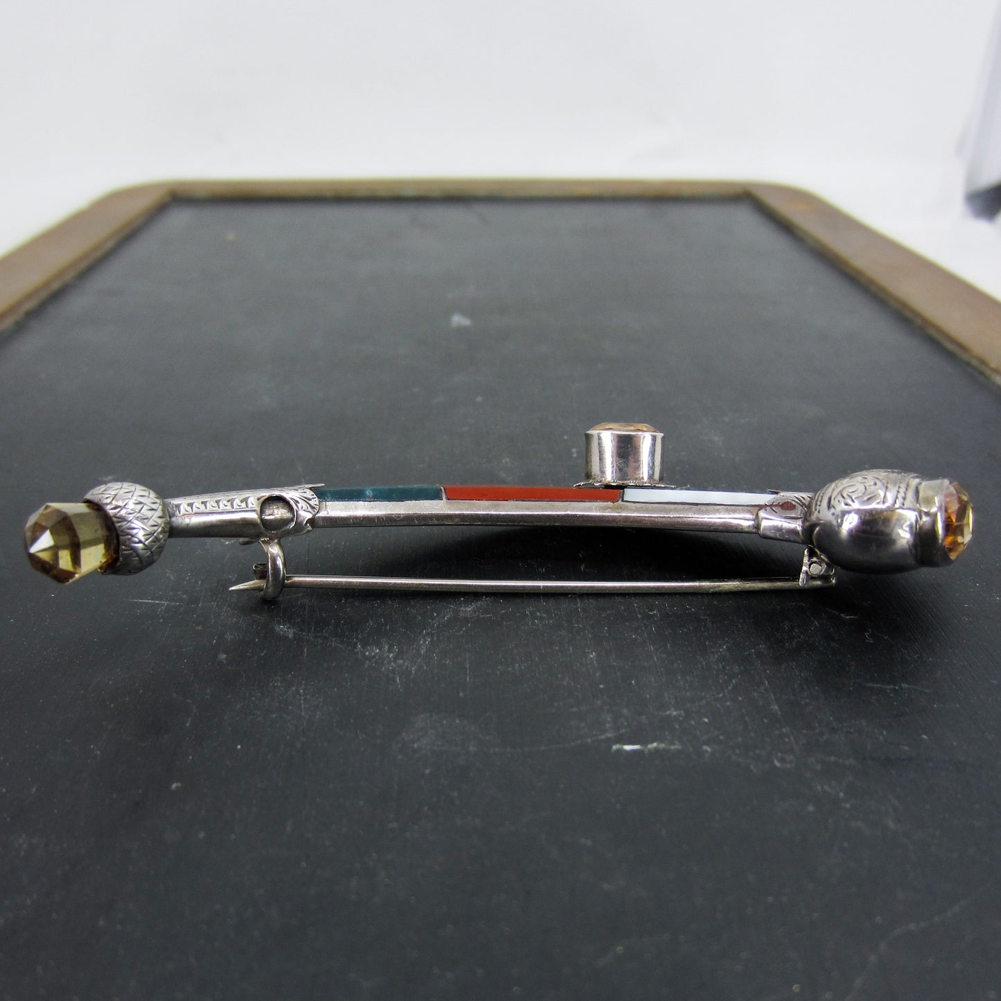 SOLD--Huge Victorian Scottish Agate and Citrine Hunting Horn Brooch Sterling c. 1880