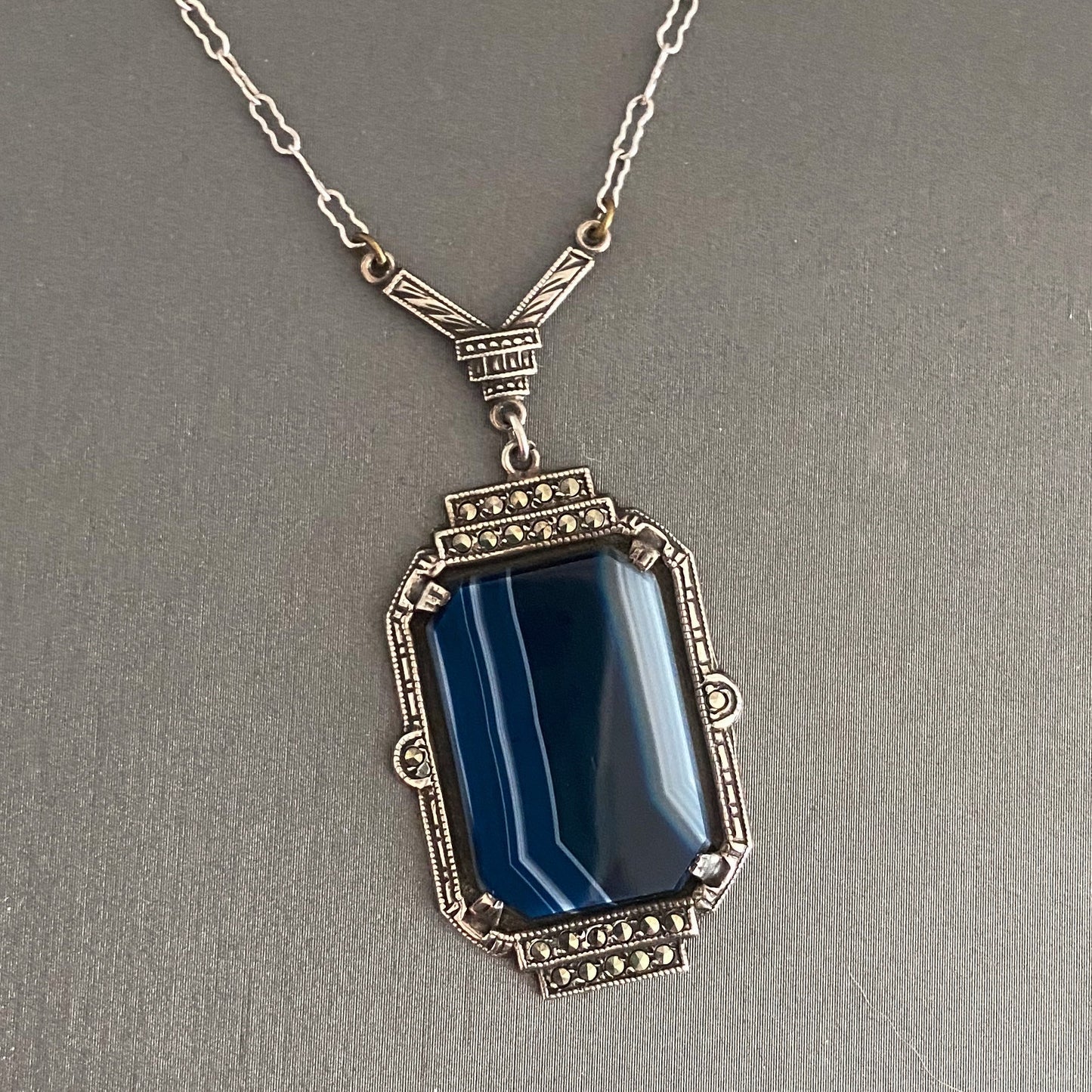 SOLD--Art Deco Marcasite and Blue Agate Necklace Sterling c. 1930