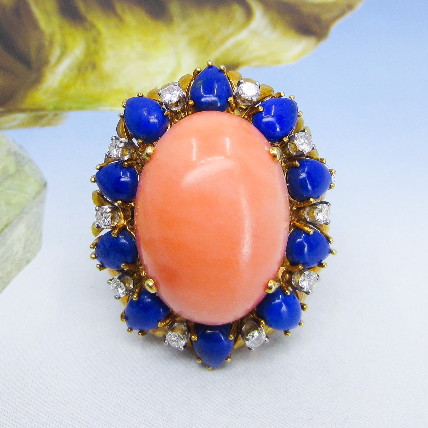 SOLD--MASSIVE Mid-Century Coral, Lapis and Diamond Ring 18k c. 1960