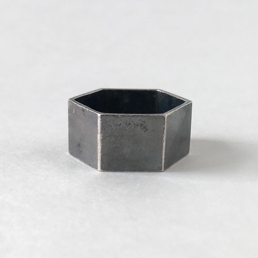 SOLD--Modernist Wide Hexagon Band Sterling, size 10.5