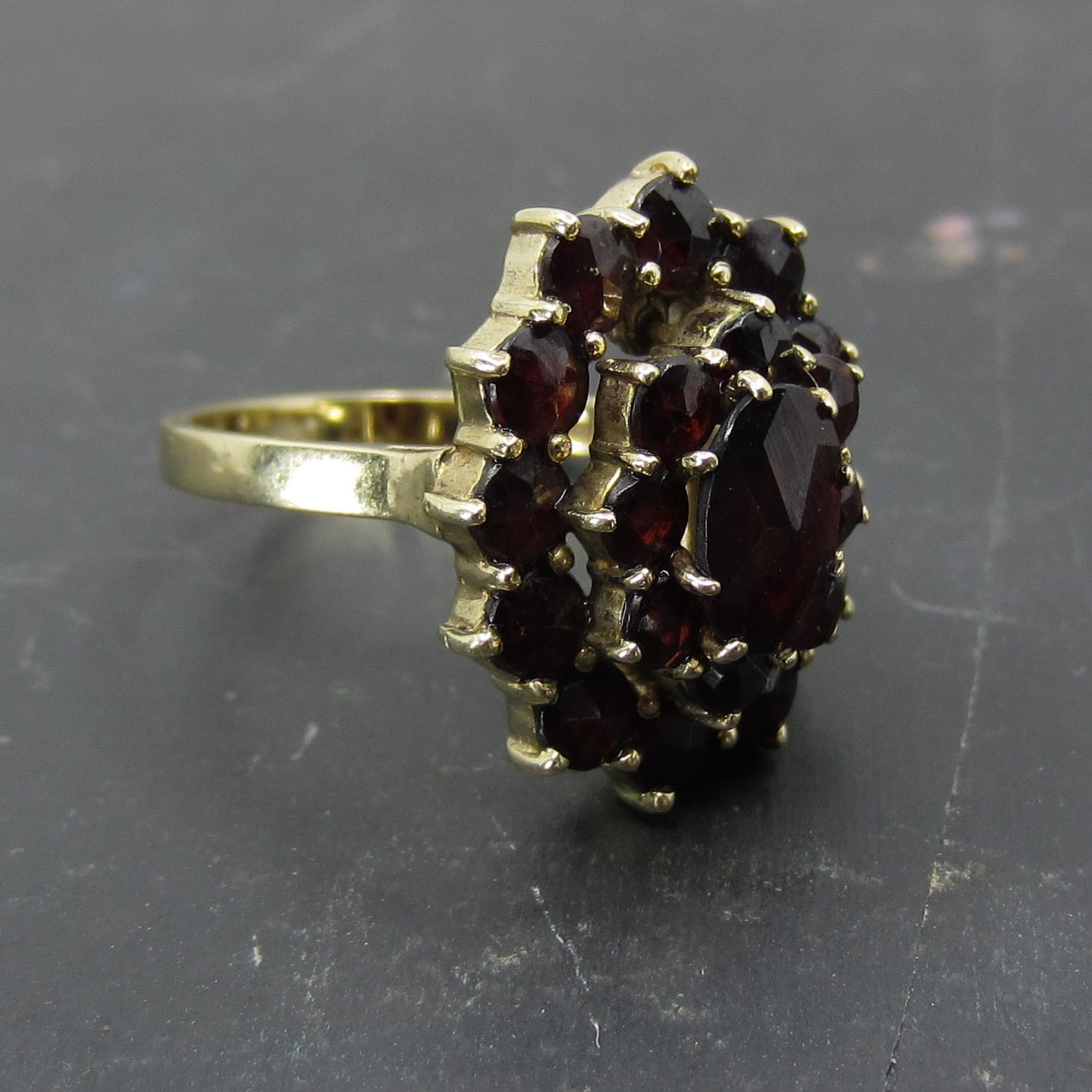 SOLD--Vintage Mid-Century Garnet Cluster Ring 8k, Dutch c. 1950