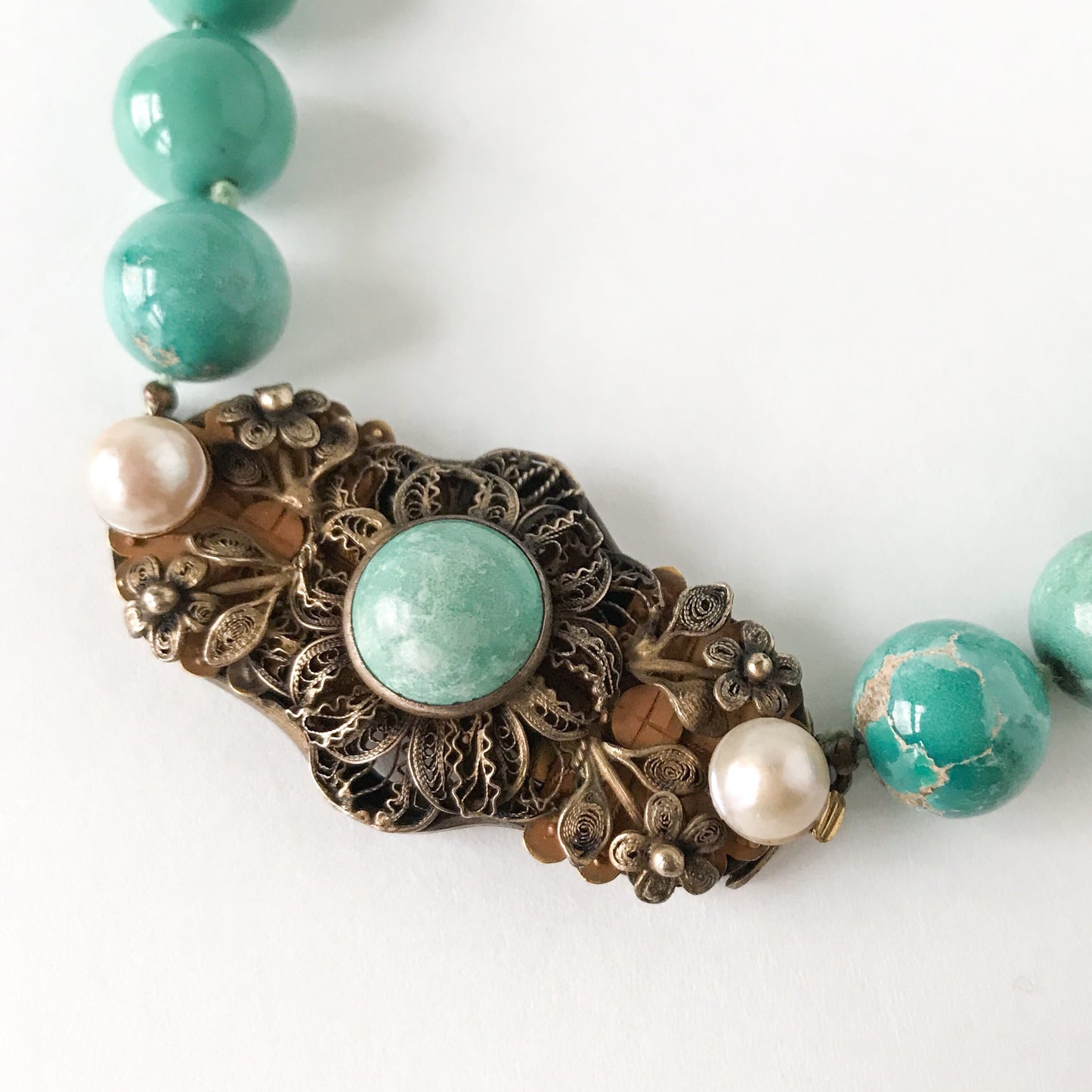 SOLD-Art Deco Turquoise Bead Necklace Gilt Silver c. 1930